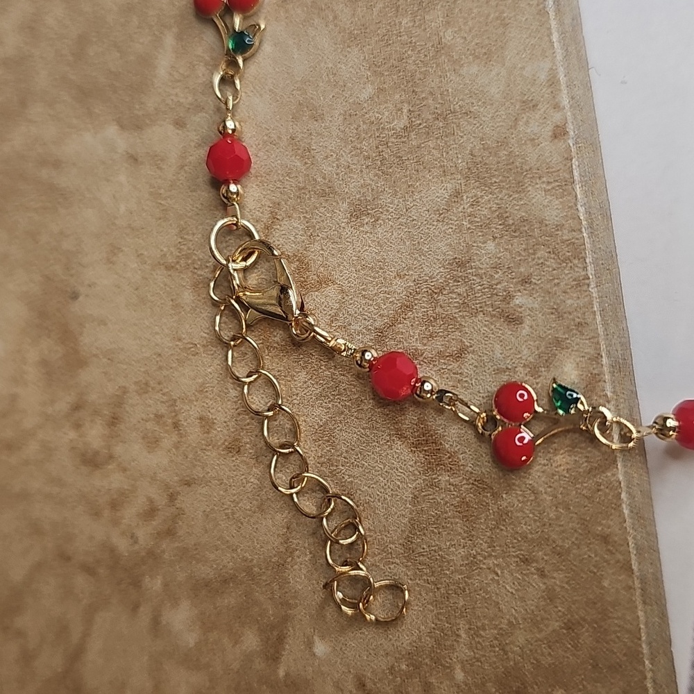 Elegant Gold and Red Cherry Beaded Anklet - Picture 3 of 3